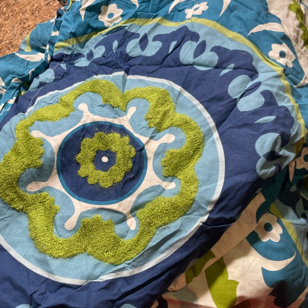 EUC Two Republic Suzani Duvet Set Full Queen Blue and Green Duvet Cover Set - Picture 4 of 6